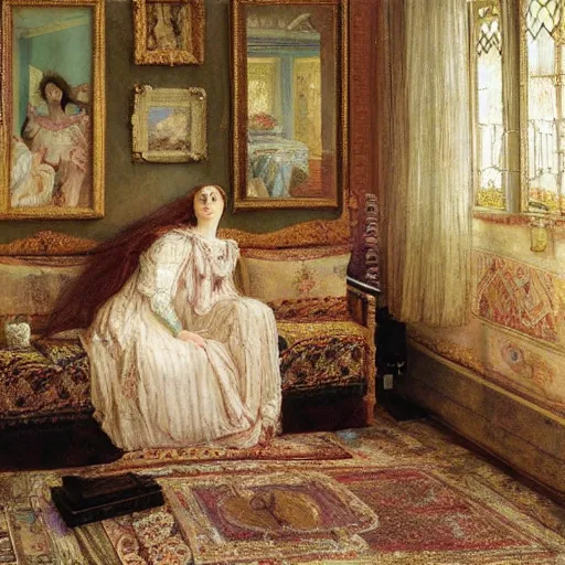 Image similar to a renaissance oil painting by Alma Tadema of a ghost woman inside an intricately decorated living room, pastel color scheme, digital painting, high detail