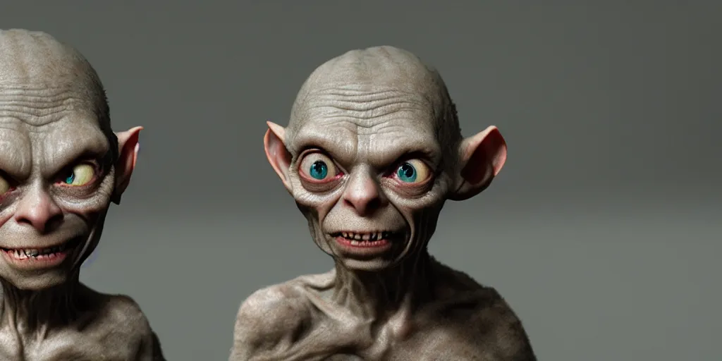 Image similar to needle felt portrait of gollum, very detailed, tilt shift, eerie, unreal engine, hyper realism, realistic shading, cinematic composition, blender render, octane render, hdr, detailed textures, photorealistic