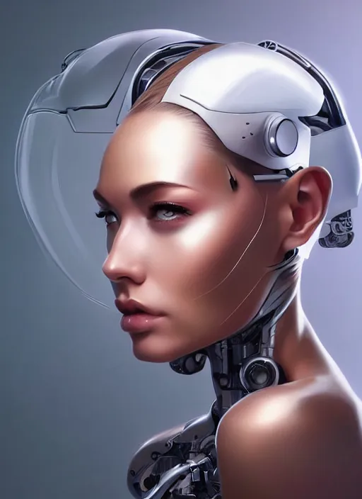 Prompt: portrait of a cyborg woman by Artgerm, (((((face turns left))))) (((((face turns right))))), eyes closed , biomechanical, hyper detailled, trending on artstation