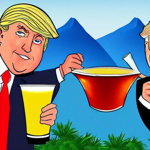 Image similar to cartoon drawing of Biden and Trump together drinking a lemon drink with Rio de Janeiro mountains on the background