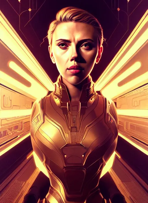 Prompt: symmetry!! portrait of scarlett johansson, gold sci - fi armour, tech wear, glowing lights!! sci - fi, intricate, elegant, highly detailed, digital painting, artstation, concept art, smooth, sharp focus, illustration, art by artgerm and greg rutkowski and alphonse mucha