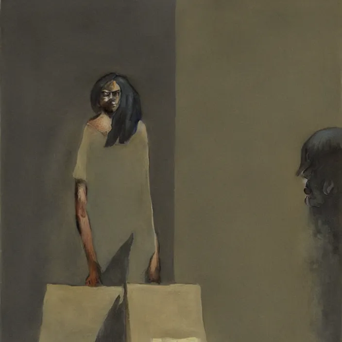 Prompt: black woman looking through paper bags, artstation, art by, , edward hopper, Zdzislaw Beksinski, highly detailed