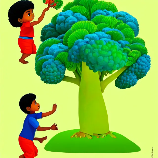 Prompt: professional kids book illustration of a South Indian !toddler! boy pulling a friendly anthropomorphic (broccoli) out of the ground, best on artstation,, astonishing, impressive, outstanding, cheerful, stunning, masterpiece by Eric Carle.