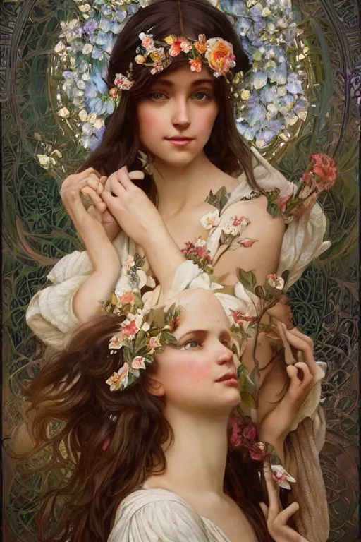 Prompt: beautiful maiden wearing a floral headband, intricate, elegant, highly detailed, digital painting, artstation, concept art, smooth, sharp focus, illustration, art by artgerm and greg rutkowski and alphonse mucha