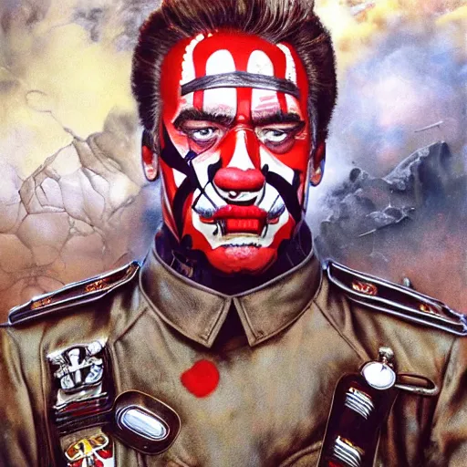 Prompt: realistic detailed image of Arnold Schwarzenegger dressed as a nazi, wearing extremely intricate clown makeup, by Ayami Kojima, Amano, Karol Bak, Greg Hildebrandt, and Mark Brooks, tonalism, rich deep colors. Beksinski painting, art by Adrian Ghenie and Gerhard Richter. art by Takato Yamamoto. masterpiece