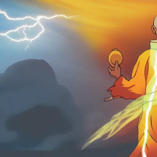 Prompt: illustration of a peaceful monk in the centre of a swirling atom shooting lightning from his hands into a dark ominous cloud, studio ghibli, ultra hd