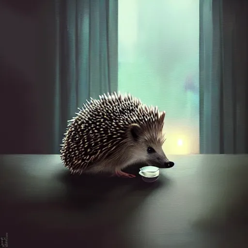 Image similar to photorealistic render of a hedgehog drinking coffee in the morning, by wlop, artgerm, greg rutkowski, alphonse mucha, beautiful dynamic dramatic dark moody lighting, shadows, cinematic atmosphere, artstation, concept design art, octane render, 8 k