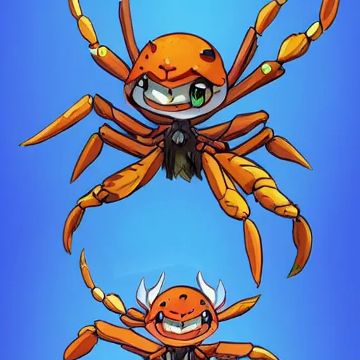 Prompt: a cute evil crab character, anime style, chibi, full body, battle standing, cartoon, similar to pokemon, fantasy digital art by Jean-Honoré Fragonard, featured on artstation