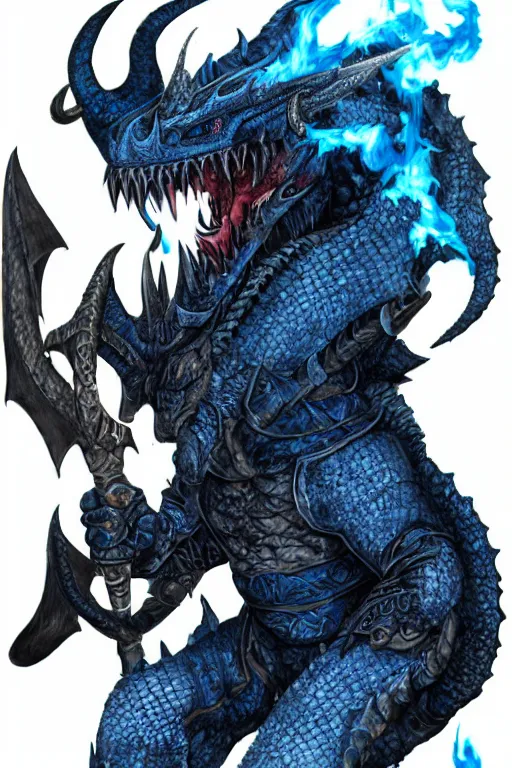 Prompt: a dark blue dragonborn with large tusks, half of his face flaming with blue flame, he wears a black dragon scales armor, D&D art