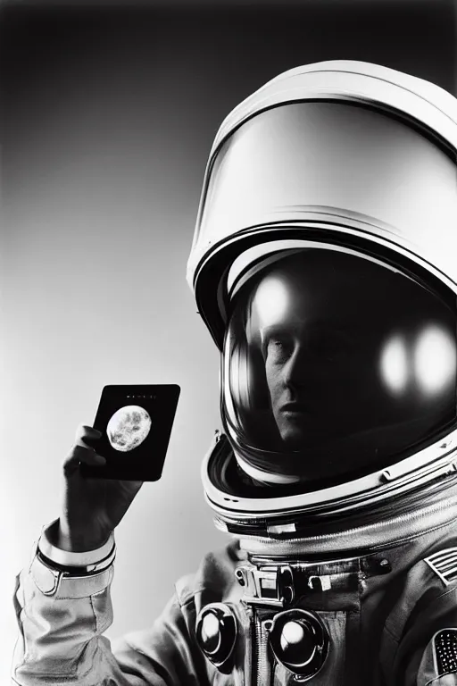 Image similar to extremely detailed studio portrait of space astronaut taking a selfie, holds a smart phone in one hand, phone!! held up to visor, reflection of phone in visor, moon, extreme close shot, soft light, golden glow, award winning photo by george hurrell