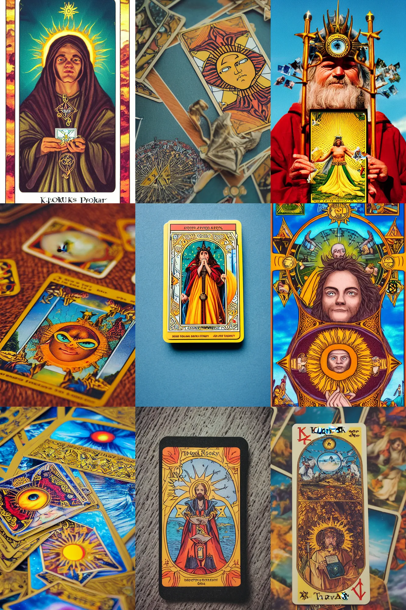 Prompt: Kodak Portra 400, 8K, highly detailed, major arcana tarot sun style card 3/4 extreme closeup, eye contact, focus on card, tilt shift background: famous major arcana tarot remake, transformation scene