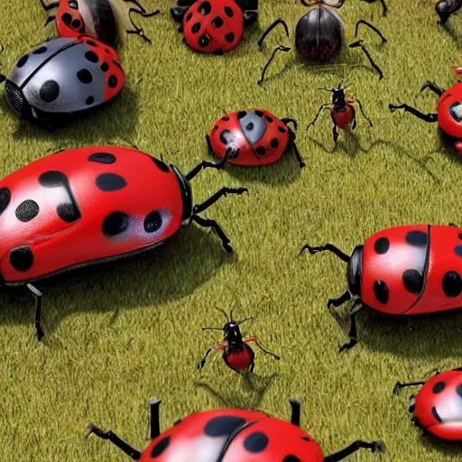 Prompt: promotional movie still, ladybugs, ladybug hybrids, ladybug hobbits, ladybug robots, space western, the fellowship of the ring ( film ), 3 d render