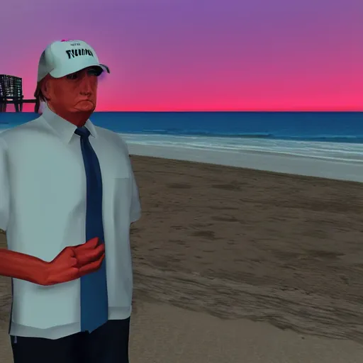 Prompt: Donald Trump in the style of GTA v, Miami beach, GTA v video game art, sunset aesthetic