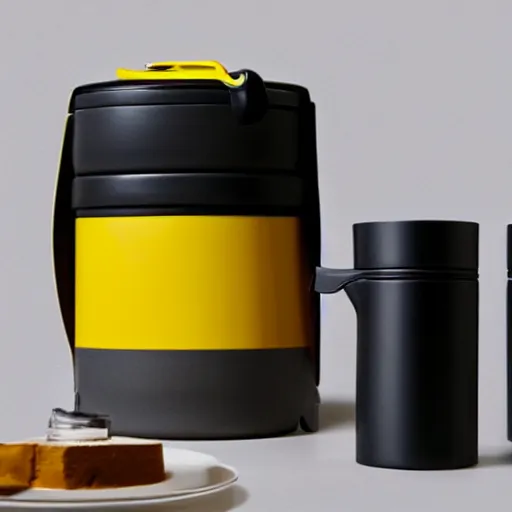 Image similar to yellow coffee mug full of steaming coffee, mugs surface is made of rimowa aluminium suitcase,