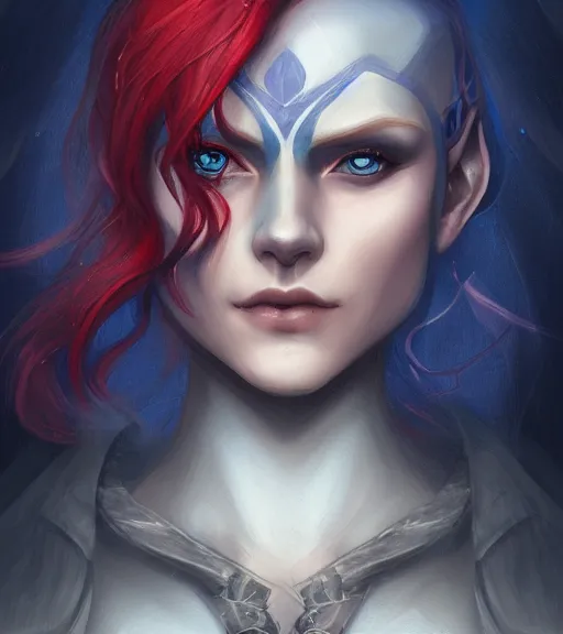 Prompt: A detailed matte head on symmetrical fanart portrait of a distinguished elven woman with red and blue hair by Charlie bowater and lise deharme wlop, trending on artstationhd, dungeons and dragons art critical role