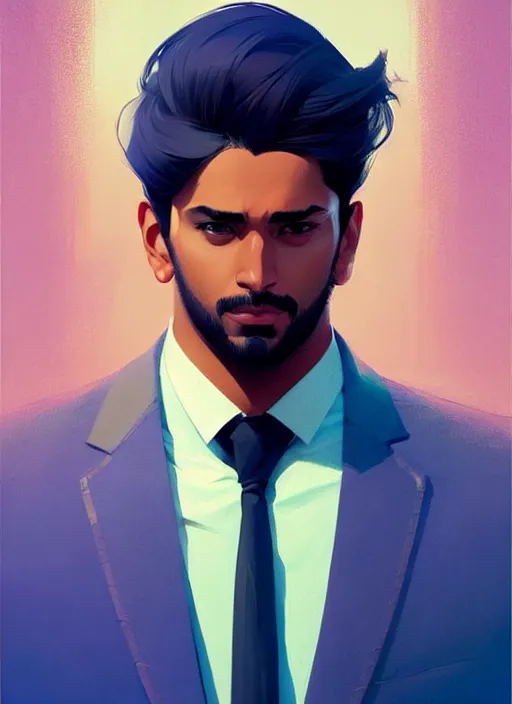 Image similar to a man in his twenties, the indians ， handsome, long hair, suit ， perfect face, symmetric eyes, sharp focus, specular reflection, occlusion shadow, artstation, by ilya kuvshinov and jeremy lipking, light novel cover art, 3 d epic illustrations, symmetric body