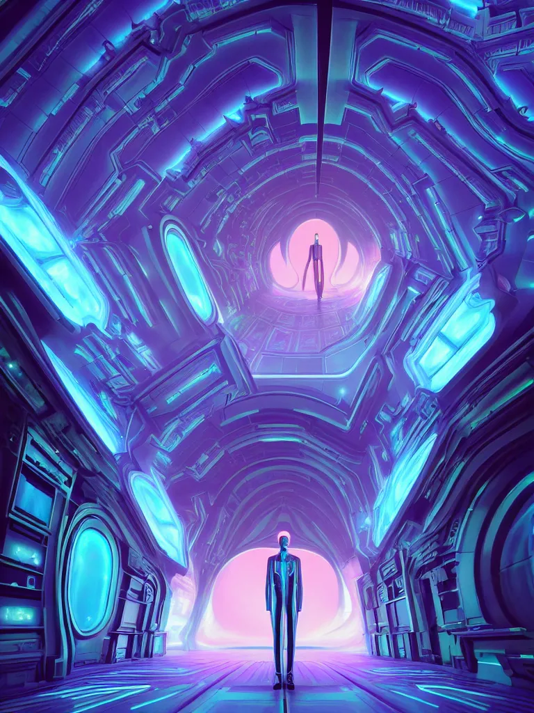 Image similar to symmetrical entrance to mainframe ethereal realm, ai sentient, octane render, symmetrical composition, dreamy colorful cyberpunk colors, 6 point perspective, fantasy landscape with anthropomorphic terrain in the styles of igor morski, jim warren and rob gonsalves, intricate, hyperrealistic, volumetric lighting, neon ambiance, distinct horizon