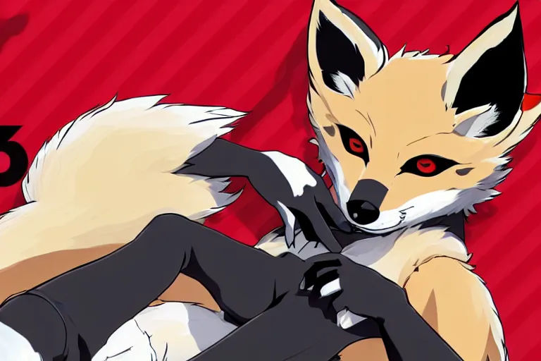 Image similar to a furry tan male fox on a persona 5 : royal ( by atlus ) video game splash screen, a furry male sandcolored tan fox fursona ( has hair ), persona 5 phantom thief style