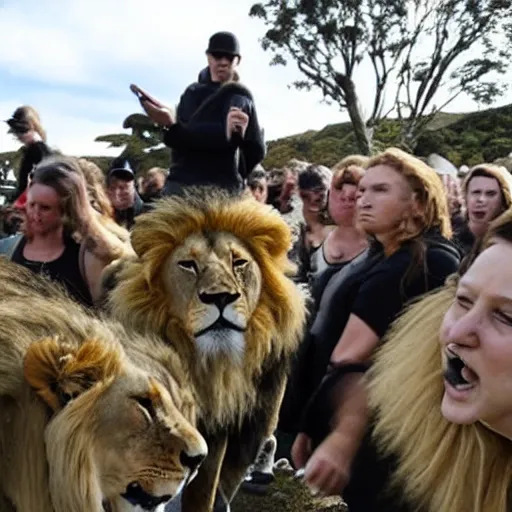 Prompt: New Zealand freedom protesters encounter a pride of lions. News footage.