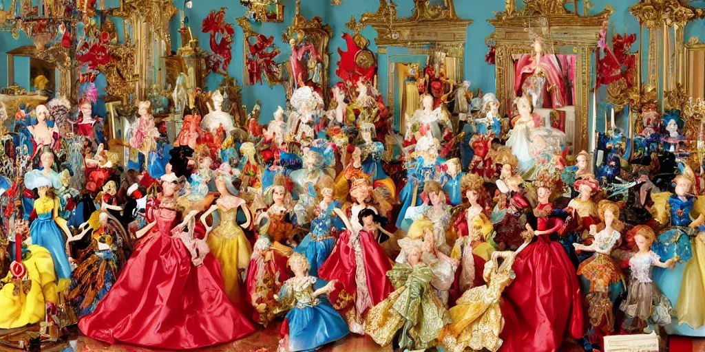 Prompt: !dream Women in baroque dresses, standing in the middle of the room full of toys. Keith Giffen