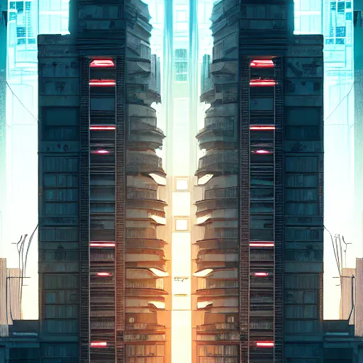 Image similar to One dilapidated building with only one window glowing. ArtStation, Cyberpunk, Vertical Symmetry, 8K, Highly Detailed, Intricate, Album Art.