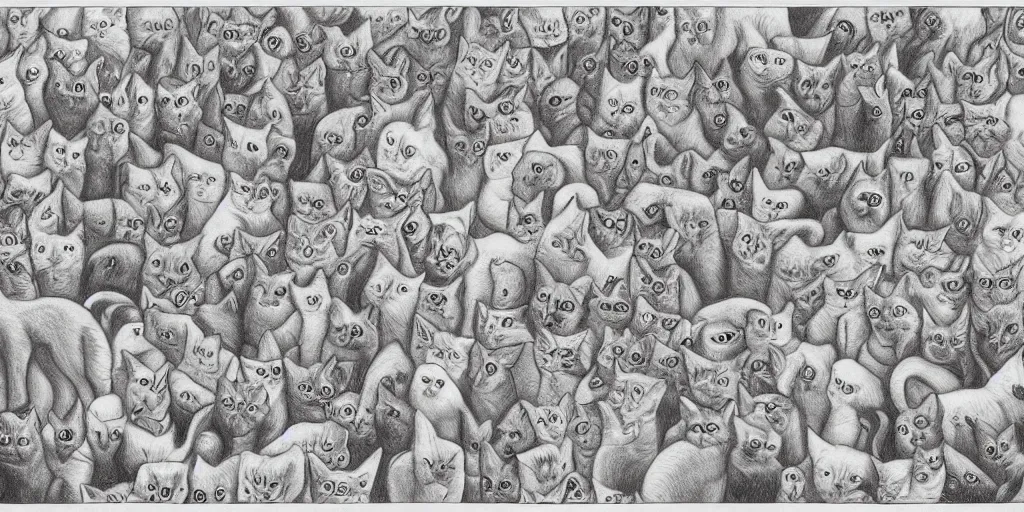 Prompt: a tessellation pattern of cats on the left and dogs on the right, pencil drawing by m. c. escher