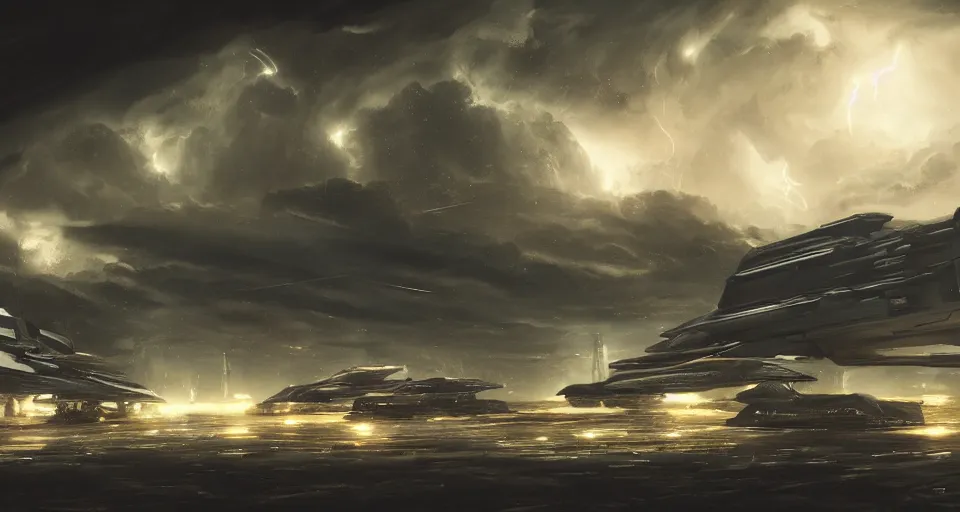 Prompt: an image of many spaceships in the night flying away from deserted dry planet by Paul Chadeisson, atmospheric, stormy weather, concept art, high detail, intimidating, cinematic, Artstation trending, octane render