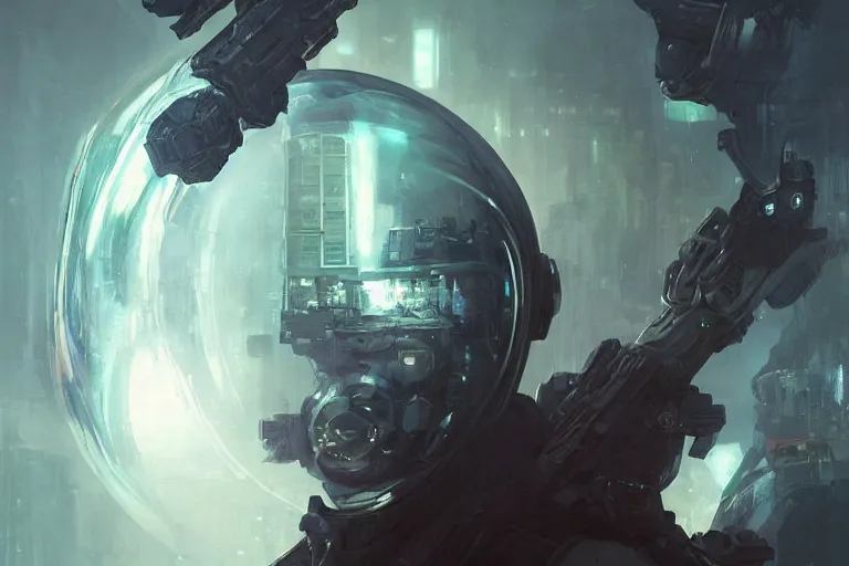 Image similar to portrait sci-fi art by Greg Rutkowski and Ruan Jia and artgerm, a glowing alien bubble floating above the hand of a soldier, futuristic environment, detailed and intricate environment, biomech, cyberpunk, neon color, chrome, dramatic lighting, cinematic, high technology, highly detailed portrait, digital painting, artstation, concept art, smooth, sharp focus, ilustration, Artstation HQ