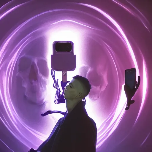 Prompt: dramatic cinematic scene of the Grim Reaper taking a selfie, mucha, colorful, purple, black, highly rendered, beautiful, cyberpunk, very highly detailed, symmetrical, archillect, moody lighting, glowing light and shadow, atmospheric, studio lighting, 8K