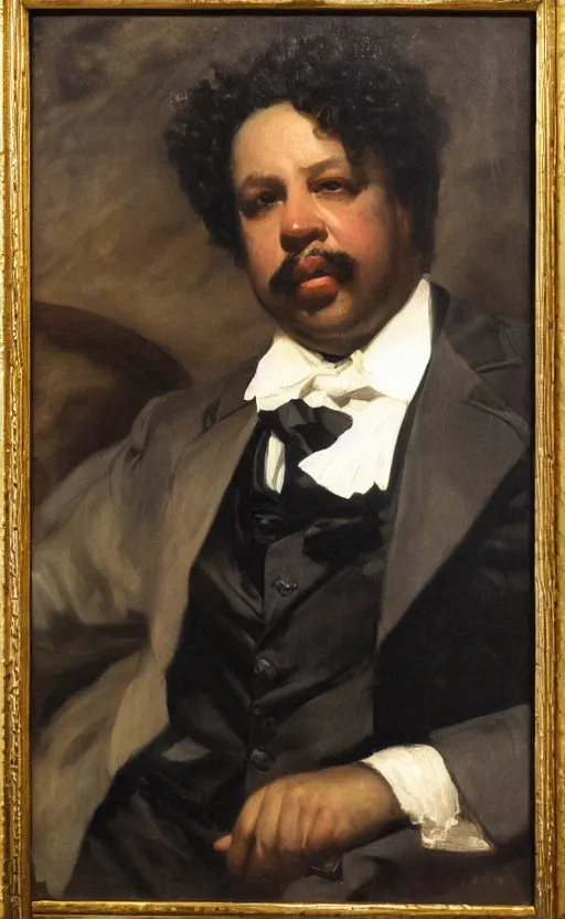 Image similar to Portrait of Alexandre Dumas, oil on canvas, highly detailed, high contrast, by Franz Xaver Winterhalter, Henry Ossawa Tanner, 8k