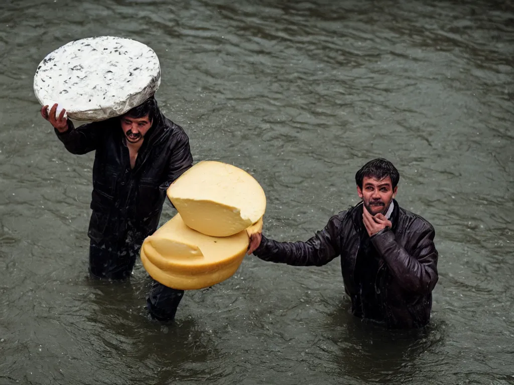 Image similar to closeup potrait of a man carrying a wheel of cheese over his head in a flood in Amsterdam, photograph, natural light, sharp, detailed face, magazine, press, photo, Steve McCurry, David Lazar, Canon, Nikon, focus