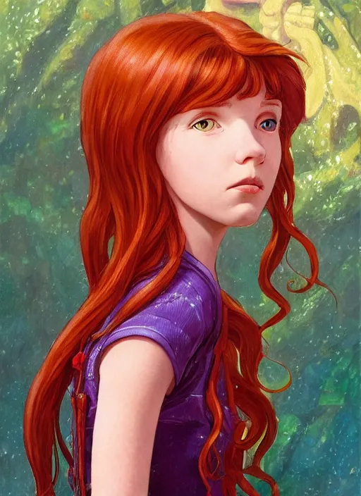 Image similar to well - lit art nouveau portrait of a 1 3 - year old girl who resembles millie bobby brown with red hair looking worried under water, natural lighting, path traced, highly detailed, high quality, cartoon, digital painting, by don bluth and ross tran and studio ghibli