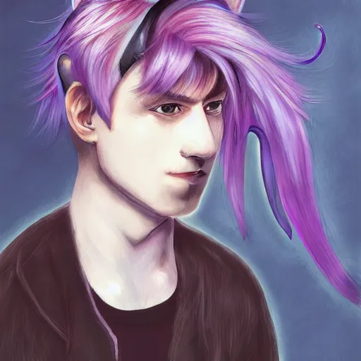 Image similar to Portrait art of a young man with purple hair and cat ears by shinji aramaki