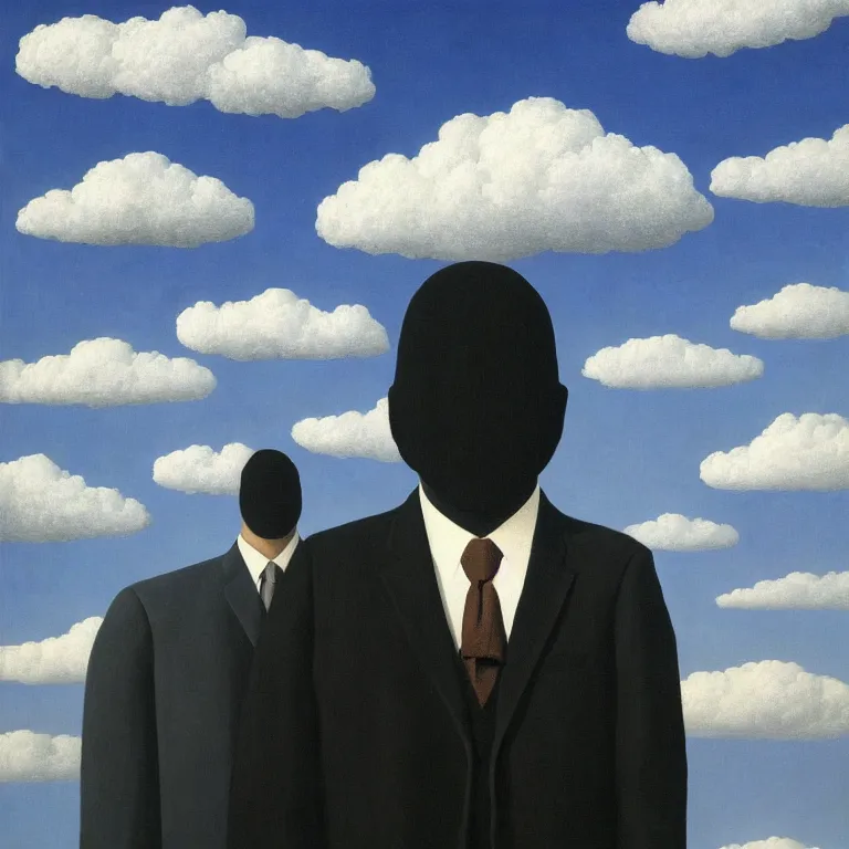 Image similar to portrait of a faceless shadow - head man in a suit, clouds in the background, by rene magritte, detailed painting, distance, middle centered, hd, hq, high resolution, high detail, 4 k, 8 k