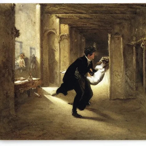 Image similar to young victorian man and woman escaping a dungeon, by alfred stevens