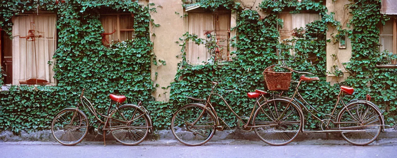 Image similar to spaghetti growing on ivy on a parisian side street, 1 9 5 0 s, canon 5 0 mm, bicycle, kodachrome, in the style of wes anderson, retro