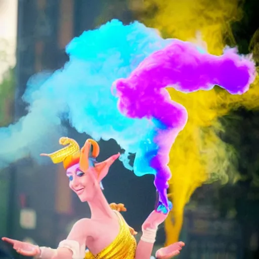 Prompt: colored smoke in the shape of genie girl