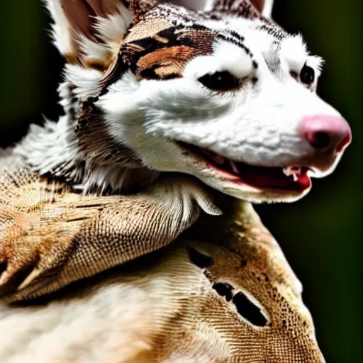 Prompt: bearded dragon riding the back of a siberian husky, photorealistic