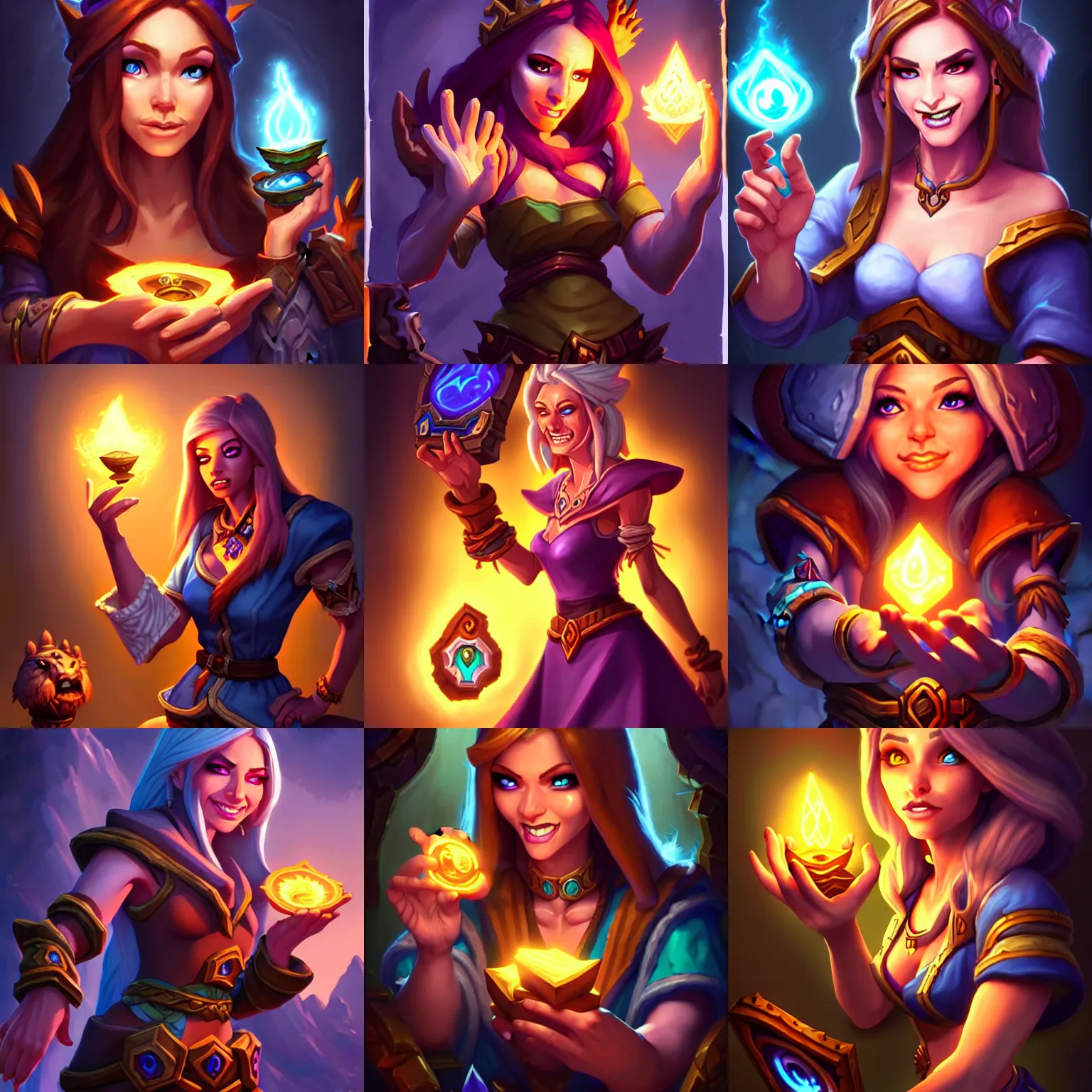 Prompt: Full body Hearthstone official professional art, with realistic beautiful face & eyes. A sorceress finding a treasure. Insanely coherent and well drawned physical body parts, ArtStation. Very detailed hands with 5 coherent fingers.