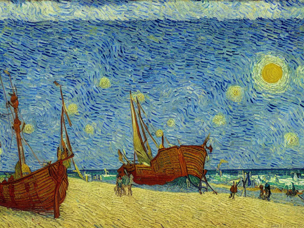 Prompt: oil painting of a viking longship invading south beach miami, light scatter, van gogh