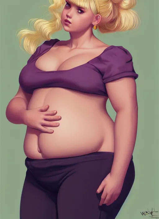 Image similar to full body portrait, teenage betty cooper, blonde hair, obese, bangs, ponytail, sultry, realistic, sultry smirk, fluffy bangs, curly bangs, fat, belly, beautiful girl, intricate, elegant, highly detailed, digital painting, artstation, concept art, smooth, sharp focus, illustration, art by wlop, mars ravelo and greg rutkowski