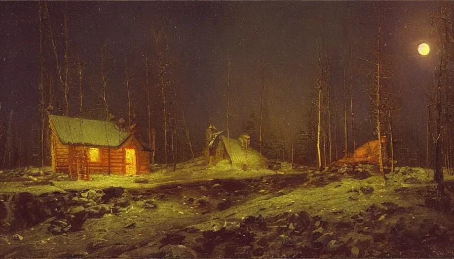 Prompt: wide scene of a siberian cabin at forest's edge with smoking chimney under moonlight, by ilya repin, full resolution