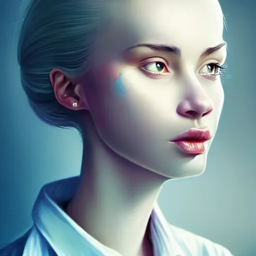 Image similar to beautiful portrait of a hopeless, worthless, lonely, ( young woman ) lawyer, stunning, intelligent, fashionable, vivid!!, sharp, crisp, colorful!!, ultra ambient occlusion, reflective, universal shadowing, fantasy art, extremely even lighting, art by wlop, dr seuss!!, ilya