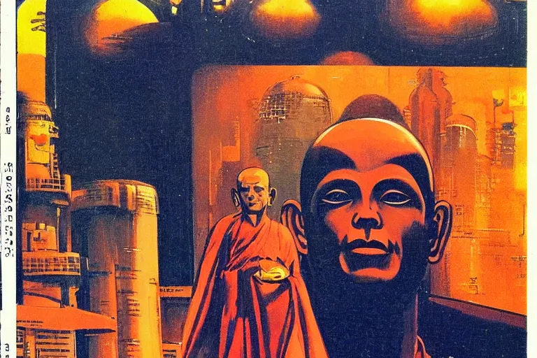 Image similar to 1979 OMNI Magazine Cover of Buddhist monk. in cyberpunk style by Vincent Di Fate