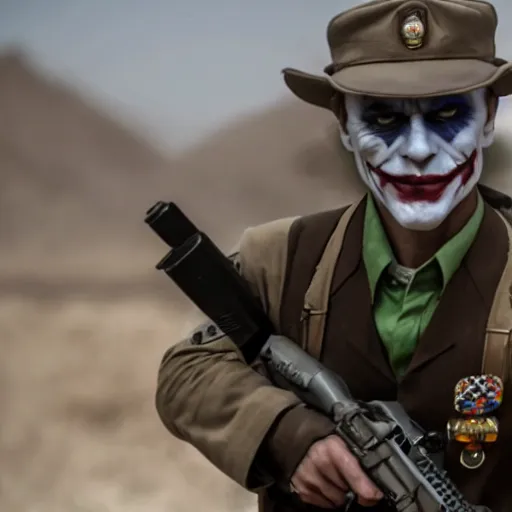 Image similar to cinematic shot of the joker as a us marine in afghanistan, 8 k, very detailed, very intricate,