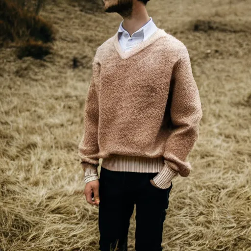 Image similar to human lamb hybrid wearing a sweater, upper body shot, canon eos r 3, f / 1. 4, iso 2 0 0, 1 / 1 6 0 s, 8 k, raw, unedited, symmetrical balance, in - frame