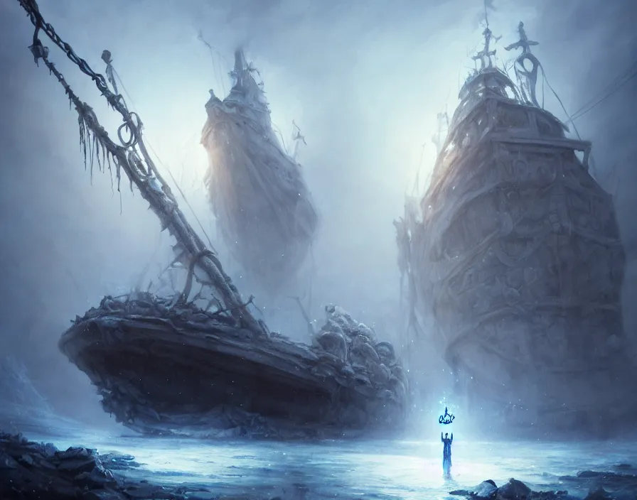 Image similar to frozen zombie man with a crown, eyes glows, broken sailing ship boat in the background, is at dawn and bluish, fantasy, intricate, elegant, highly detailed, digital painting, artstation, concept art, matte, sharp focus, illustration, art by aenaluck and roberto ferri and greg rutkowski, epic fantasy, digital painting