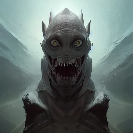 Image similar to professional ominous concept art portrait of a shark - human chimera character by artgerm and greg rutkowski. an intricate, elegant, highly detailed digital painting, concept art, smooth, sharp focus, illustration, in the style of simon stalenhag, wayne barlowe, and igor kieryluk.