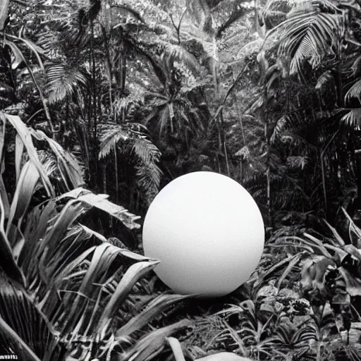 Prompt: a rizom lost film footage of a ( ( ( ( ( ( ( ( sphere ) ) ) ) ) ) ) ) in the middle of the tropical jungle / tripicalism / film still / cinematic / enhanced / 1 9 2 0 s / black and white / grain
