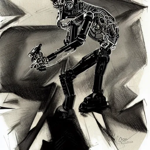 Image similar to cyborg male, slim, short hair, small scar on the chin, leather jacket with steampunk elements, one robotic arm and big shoes, book cover, deep shadows, by Dave McKean sketch lineart for character design